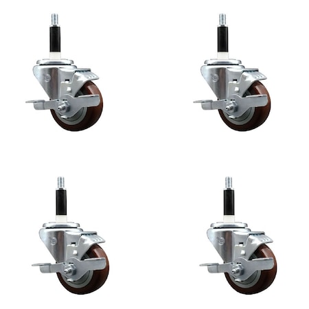 Service Caster 3'' Maroon Poly Swivel 7/8'' Expanding Stem Caster Set with Brake, 4PK SCC-EX20S314-PPUB-MRN-TLB-78-4